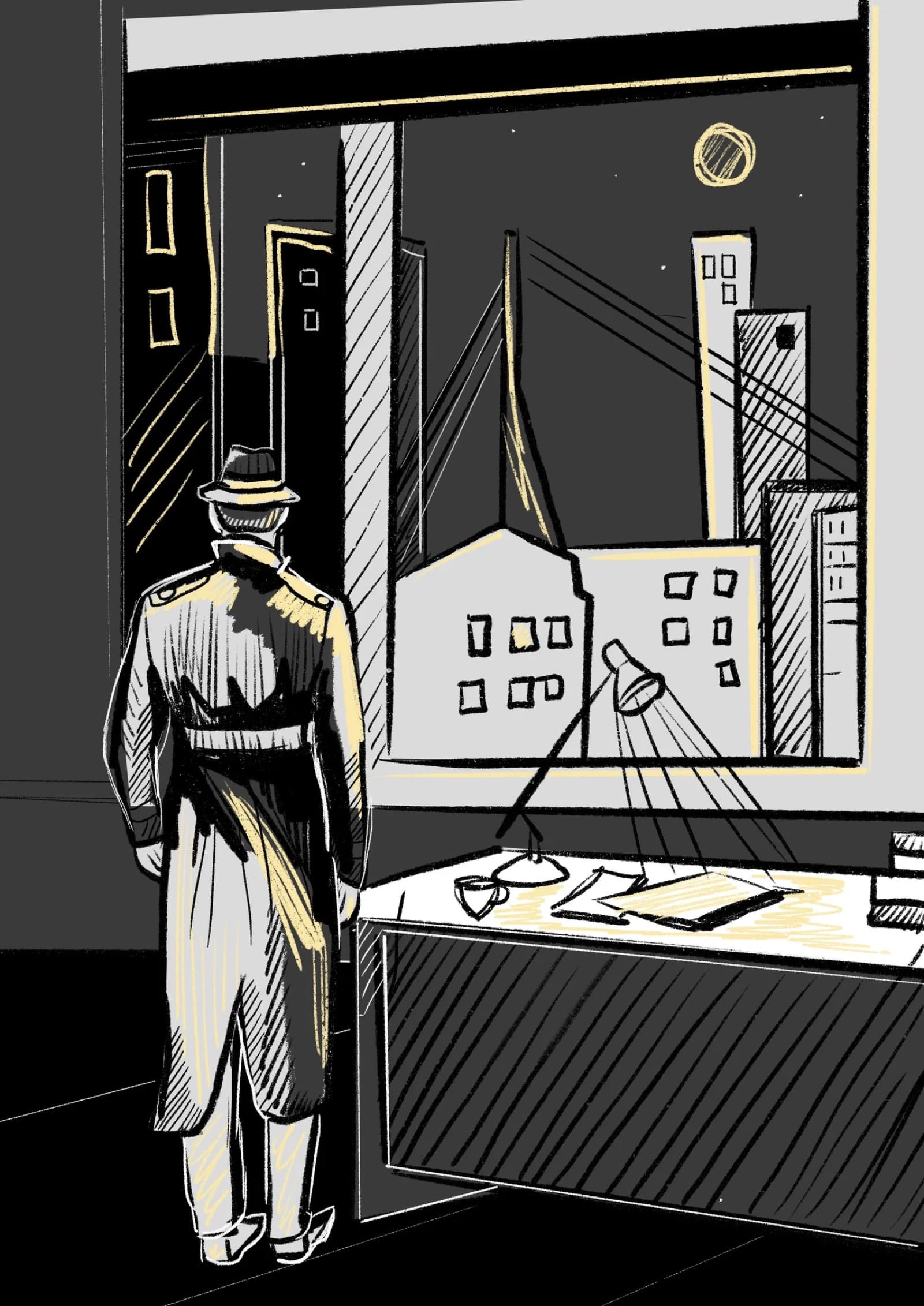 Illustratie uit de film-noir-strip: detective kijkt uit over de stad