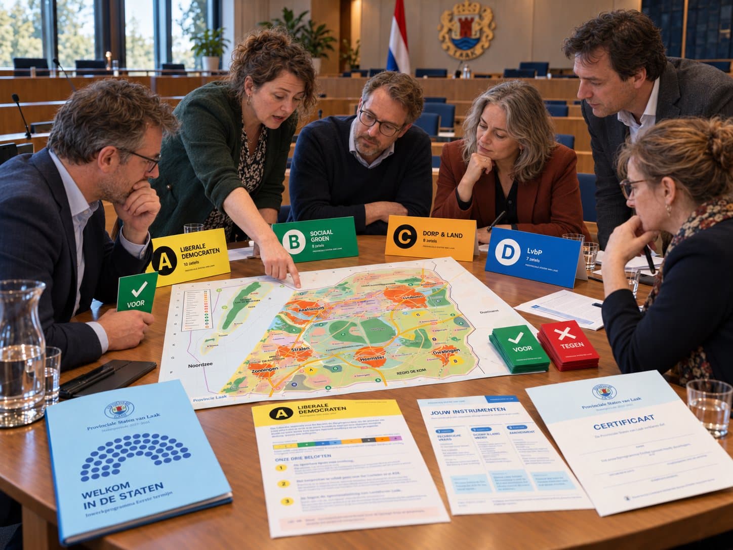 AI-impressie: Statenleden overleggen in fracties rond de kaart van de provincie Laak