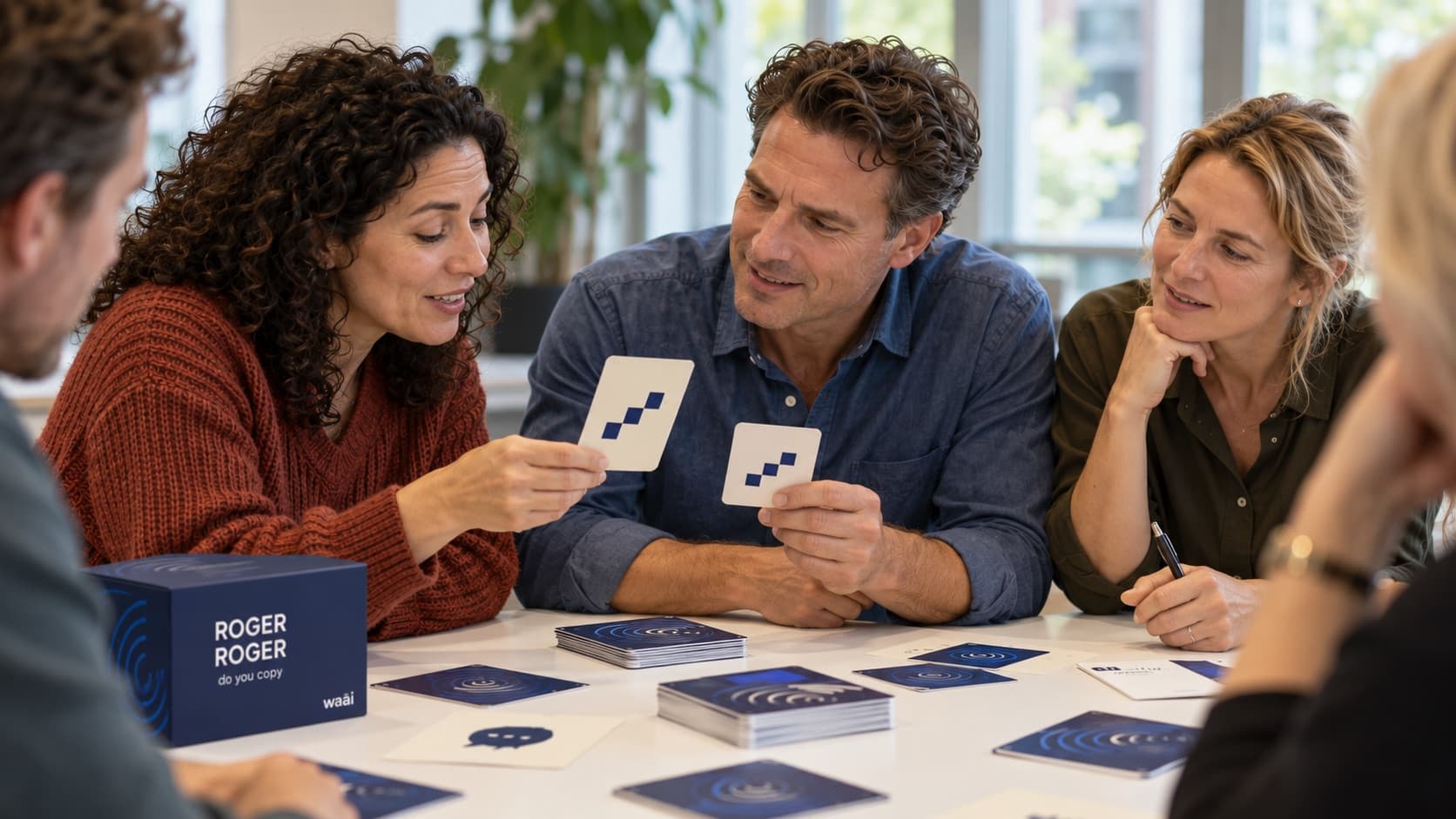 AI-impressie: spelers houden kaarten van Roger Roger, do you copy omhoog