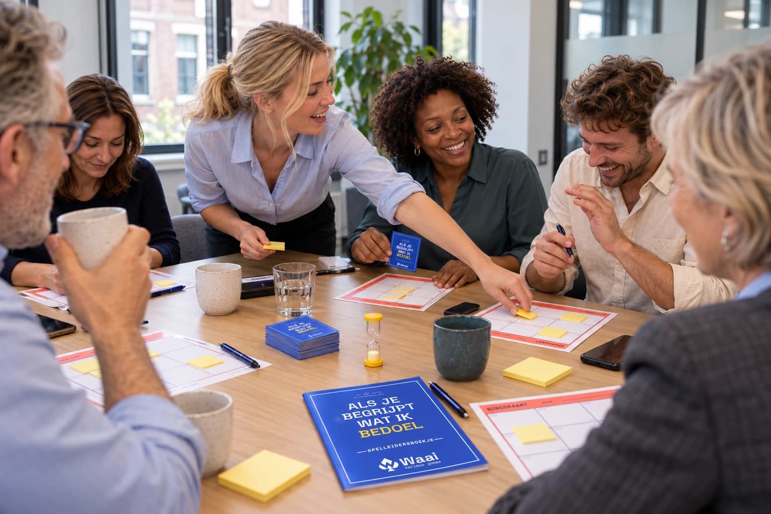 AI-impressie: lachende collega's rond een speltafel