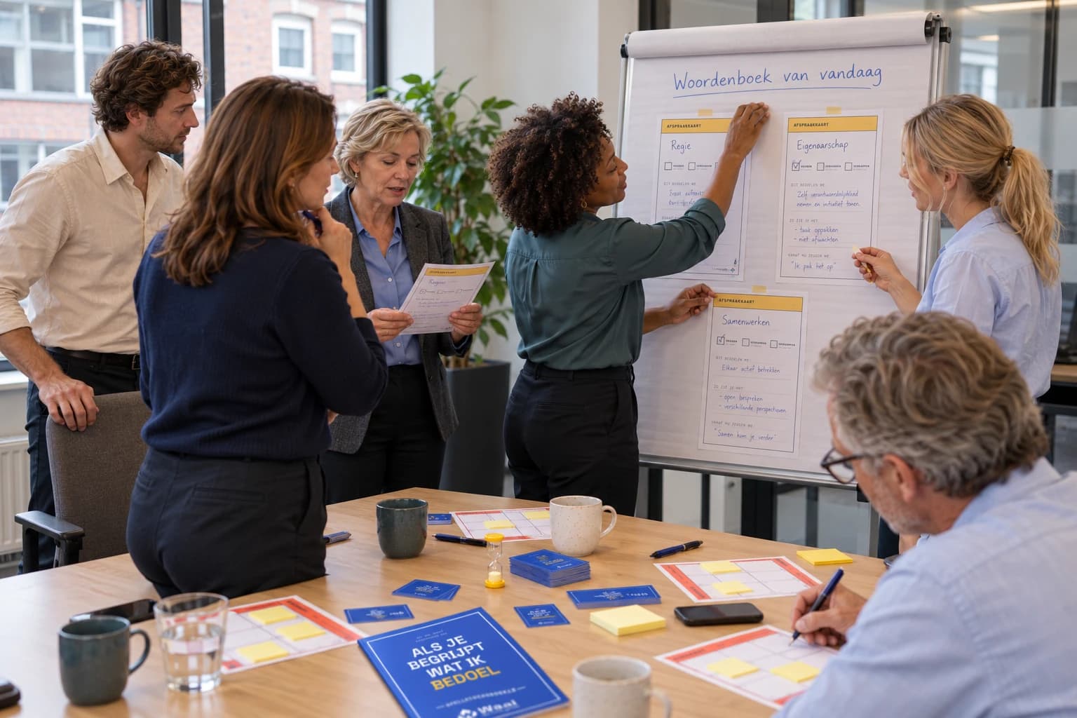 AI-impressie: het team werkt samen aan een flip-over